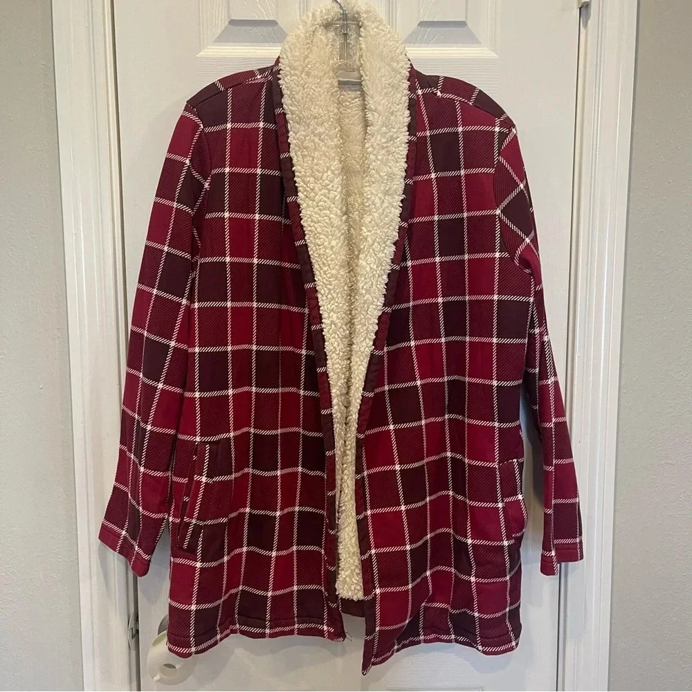 LL Bean Jacket Womens MP Red Plaid Sherpa Lined Open Pocket Collared Heavyweight